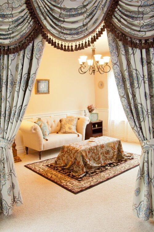 Luxury Silky Embroidery Valance Curtain Set with Swags and Tails, 100'' X 100'', Venetian Collection